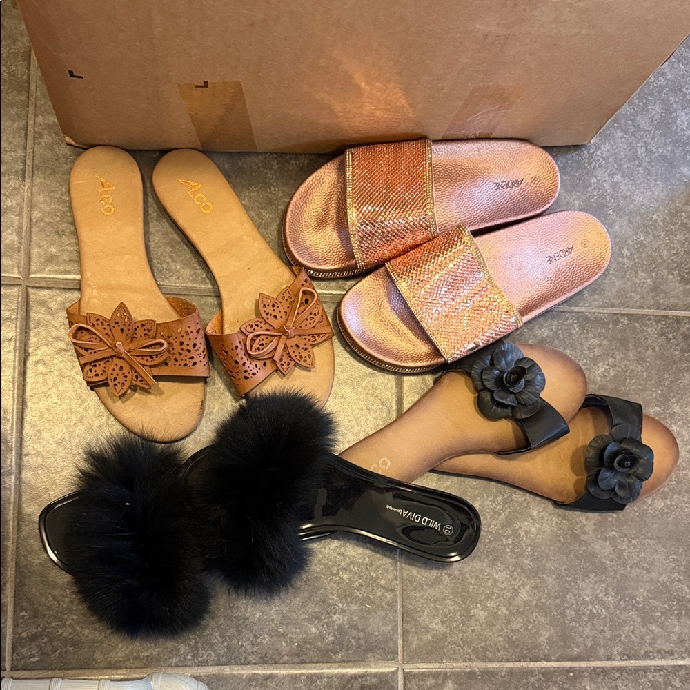 Wild Diva Black Floral and Fur Sandals